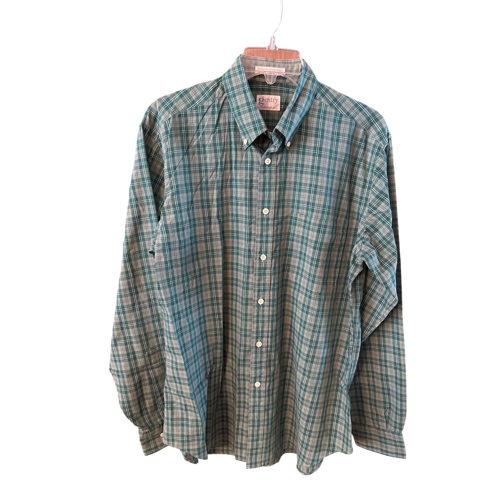 Gentry Mens Plaid Button Down Shirt Green Grey Long Sleeve 16-35 Cotton Blend